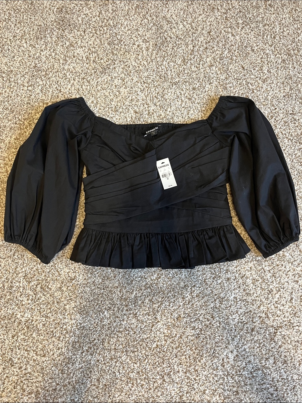 🖤 Express Black Puff-Sleeve Peplum Wrap-Style Top